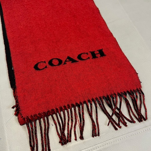 Coach Wool Cashmere Scarf Red Black Bi-Color Logo Reversible Fringe Logo Men - Picture 3 of 11